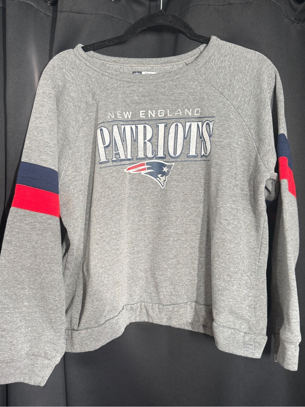 NFL New England Patriots Gray Crewneck Sweatshirt with Navy & Red Stripes